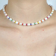 欧美INS夏季超流行天然淡水珍珠彩虹米珠彩色串珠项链锁骨链