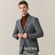 吉约蒙羊毛西装外套，男修身商务休闲灰色条纹，单西冬季厚款西服上衣