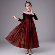韩国儿童红色公主裙，女童蓬蓬纱裙小主持人演出服连衣裙丝绒晚礼服