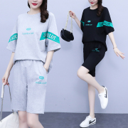 大码女装休闲短袖卫衣+五分短裤两件套女夏季新款休闲运动服套装