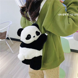 日系可爱毛茸茸熊猫单肩包女韩版ins少女学生两用百搭毛绒斜挎包