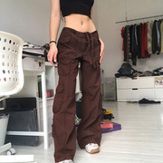 低腰时尚系带工装牛仔裤BF风多口袋长裤女 Fashion lace up jeans