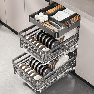 不锈钢小尺寸拉篮厨房橱柜，抽屉式阻尼导轨碗碟架，双层调味收纳碗篮