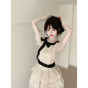 韩系氛围感穿搭法式露肩连衣裙女夏新款生日小礼服高级感蛋糕裙子