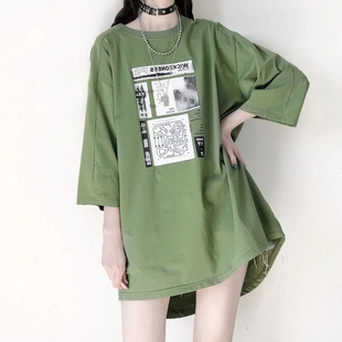 日系复古抹茶绿短袖T恤女夏季原宿风学生百搭中长款半袖上衣ins潮