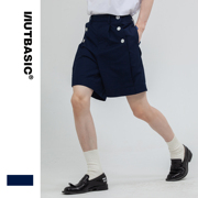 NUTBASIC 双排扣打褶海军短裤 休闲裤子夏季通勤独立设计男女西裤