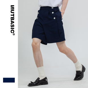 nutbasic双排扣打褶海军短裤休闲裤子夏季通勤独立设计男女西裤