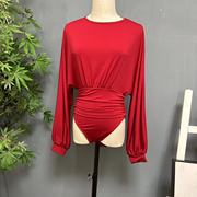 欧美风法式时尚女装高级感红色宽松落肩灯笼长袖连体定位衣潮0724