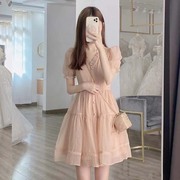法式小个子连衣裙女夏季高级感独特设计感小众甜美粉色蓬蓬仙女裙