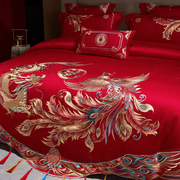 中式婚庆床品四件套全棉100s提花龙凤刺绣大红色结婚被套床单床盖