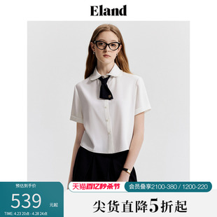 eland衣恋白色短袖，衬衫女蝴蝶结领带，雪纺衫上衣2024夏季