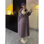 韩国环保皮草外套女秋冬季加厚连帽羊羔，毛麂皮(毛，麂皮)绒皮毛一体长款大衣