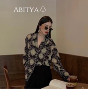 abitya定制面料黑色，印花衬衫女气质宽松上衣衬衫女装