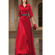 春秋欧洲站时尚系带束腰长款连衣裙女士洋气高腰显瘦红色长裙