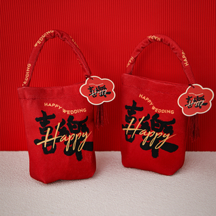 喜糖盒结婚专用喜糖袋2023丝绒手提式免折叠回礼小袋红色