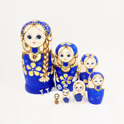 七层蓝色辫子女孩，俄罗斯套娃娃木制玩具生日礼物