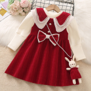 女童连衣裙秋冬儿童装小女孩宝宝红色背心裙套装过年新年公主裙子