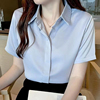 蓝色衬衫女2024夏季设计感小众，雪纺上衣韩版短袖，职业装宽松白衬衣(白衬衣)