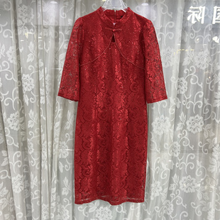 蔻cal2305商场专卖2024春时尚，红色女装钉珠蕾丝旗袍裙喜宴连衣裙