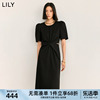 LILY2024夏女装别致镂空气质通勤百搭复古泡泡袖连衣裙小黑裙