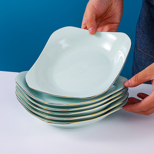 金边方盘陶瓷盘子碟子家用菜盘餐盘轻奢深盘汤盘简约创意餐具套装