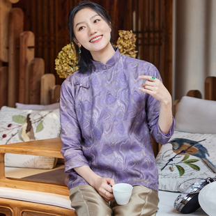 真丝提花绡春季女士上衣，新中式复古斜襟改良衬衫，立领显瘦时尚唐装