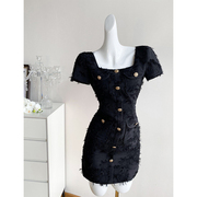 黑色复古方领连衣裙女夏季短裙法式流苏设计感高端气质小个子裙子