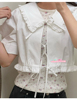 韩国订单grOve纯棉蕾丝花边娃娃领系带短袖衬衫女娃娃衫短款衬衣