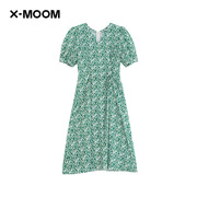 商场同款x--moom2023夏季腰部双抽绳，绿色小碎花连衣裙女