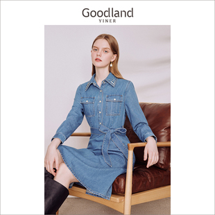 牛仔系列Goodland美地女装2023秋季经典衬衫牛仔连衣裙