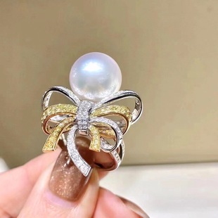 高档个性设计蝴蝶丝带，款s925银天然珍珠戒指爱迪生淡水珍珠手饰