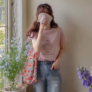 韩国粉色t恤女短袖，夏季圆领棉，t休闲甜美半袖白雪公主印花