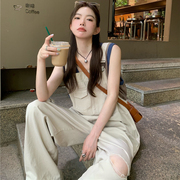 设计感小众宽松大口袋破洞背带裤女2023韩版垂感拖地连体裤