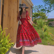 三亚度假连衣裙沙滩拍照女海边长裙红色长袖，夏季海滩渡假波西米亚