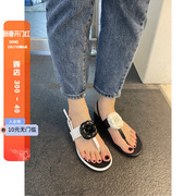 韩国东大门2023夏chic甜美范花朵(范花朵，)拼色夹趾搭扣平底凉鞋女