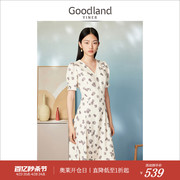 Goodland美地女装夏季V领肌理植绒玫瑰印花显瘦连衣裙
