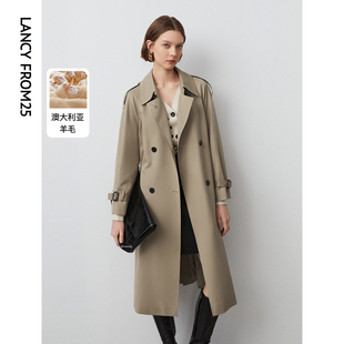 朗姿羊毛复古中长款风衣外套，法式设计感气质，春季大衣女2024年