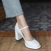 白色浅口玛丽珍单鞋女粗跟2023秋季漆皮法式超高跟鞋女8.5cm