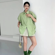 韩系简约设计感小众宽松休闲抽绳花苞袖薄荷绿衬衫女短袖时髦上衣