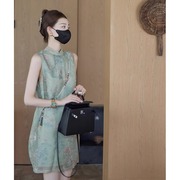 改良旗袍2024夏季法式高级感新中式国风女装绿色无袖连衣裙女