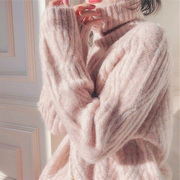 粉色高领麻花毛衣女(毛衣女，)秋冬宽松外穿慵懒风，马海毛加厚保暖百搭针织衫
