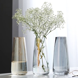 北欧玻璃清新花瓶摆件现代简约客厅透明雪柳水养，鲜花插花芍药桌面