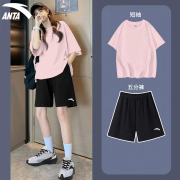安踏粉色运动套装女夏季短袖短裤两件套女宽松大码潮流学生运动服