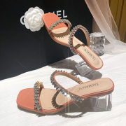 夏季41-42加大码仙女风甜美透明粗跟小众设计感水钻女凉鞋