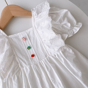 韩版女童白色蕾丝花边飞袖泡泡袖连衣裙，洋气宝宝短袖裙子小童公主