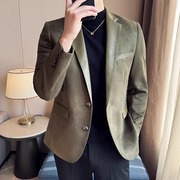 高级感麂皮绒西服男冬季韩版加厚拼接修身皮领休闲小西装外套