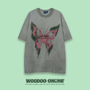 绿野仙踪 WOODOO 设计师品牌 美式高街水洗做旧蝴蝶印花 男女T恤