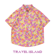 TRAVEL ISLAND 花的海洋 日系ins原宿风宽松情侣休闲短袖碎花衬衫