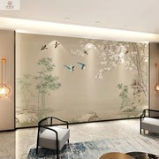 2022年中式电视背景墙，壁纸手绘花鸟刺绣沙发影视墙布无缝壁