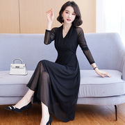 春秋网纱连衣裙女长袖2025新款大码v领长款收腰显瘦气质洋气长裙